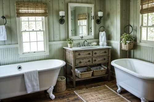 photo from pinterest of cottagecore-style interior designed (bathroom interior) with shower and bath towel and toilet seat and bathtub and bathroom sink with faucet and bathroom cabinet and bath rail and plant. . with earthy and muted colors and cottage style and natural and traditional and floral patterns and rustic and country style. . cinematic photo, highly detailed, cinematic lighting, ultra-detailed, ultrarealistic, photorealism, 8k. trending on pinterest. cottagecore interior design style. masterpiece, cinematic light, ultrarealistic+, photorealistic+, 8k, raw photo, realistic, sharp focus on eyes, (symmetrical eyes), (intact eyes), hyperrealistic, highest quality, best quality, , highly detailed, masterpiece, best quality, extremely detailed 8k wallpaper, masterpiece, best quality, ultra-detailed, best shadow, detailed background, detailed face, detailed eyes, high contrast, best illumination, detailed face, dulux, caustic, dynamic angle, detailed glow. dramatic lighting. highly detailed, insanely detailed hair, symmetrical, intricate details, professionally retouched, 8k high definition. strong bokeh. award winning photo.