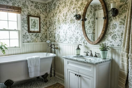 photo from pinterest of cottagecore-style interior designed (bathroom interior) with shower and bath towel and toilet seat and bathtub and bathroom sink with faucet and bathroom cabinet and bath rail and plant. . with earthy and muted colors and cottage style and natural and traditional and floral patterns and rustic and country style. . cinematic photo, highly detailed, cinematic lighting, ultra-detailed, ultrarealistic, photorealism, 8k. trending on pinterest. cottagecore interior design style. masterpiece, cinematic light, ultrarealistic+, photorealistic+, 8k, raw photo, realistic, sharp focus on eyes, (symmetrical eyes), (intact eyes), hyperrealistic, highest quality, best quality, , highly detailed, masterpiece, best quality, extremely detailed 8k wallpaper, masterpiece, best quality, ultra-detailed, best shadow, detailed background, detailed face, detailed eyes, high contrast, best illumination, detailed face, dulux, caustic, dynamic angle, detailed glow. dramatic lighting. highly detailed, insanely detailed hair, symmetrical, intricate details, professionally retouched, 8k high definition. strong bokeh. award winning photo.