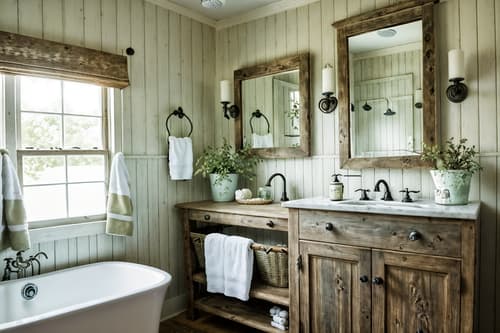 photo from pinterest of cottagecore-style interior designed (bathroom interior) with shower and bath towel and toilet seat and bathtub and bathroom sink with faucet and bathroom cabinet and bath rail and plant. . with earthy and muted colors and cottage style and natural and traditional and floral patterns and rustic and country style. . cinematic photo, highly detailed, cinematic lighting, ultra-detailed, ultrarealistic, photorealism, 8k. trending on pinterest. cottagecore interior design style. masterpiece, cinematic light, ultrarealistic+, photorealistic+, 8k, raw photo, realistic, sharp focus on eyes, (symmetrical eyes), (intact eyes), hyperrealistic, highest quality, best quality, , highly detailed, masterpiece, best quality, extremely detailed 8k wallpaper, masterpiece, best quality, ultra-detailed, best shadow, detailed background, detailed face, detailed eyes, high contrast, best illumination, detailed face, dulux, caustic, dynamic angle, detailed glow. dramatic lighting. highly detailed, insanely detailed hair, symmetrical, intricate details, professionally retouched, 8k high definition. strong bokeh. award winning photo.