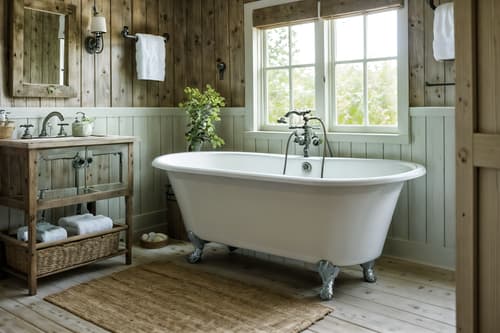 photo from pinterest of cottagecore-style interior designed (bathroom interior) with shower and bath towel and toilet seat and bathtub and bathroom sink with faucet and bathroom cabinet and bath rail and plant. . with earthy and muted colors and cottage style and natural and traditional and floral patterns and rustic and country style. . cinematic photo, highly detailed, cinematic lighting, ultra-detailed, ultrarealistic, photorealism, 8k. trending on pinterest. cottagecore interior design style. masterpiece, cinematic light, ultrarealistic+, photorealistic+, 8k, raw photo, realistic, sharp focus on eyes, (symmetrical eyes), (intact eyes), hyperrealistic, highest quality, best quality, , highly detailed, masterpiece, best quality, extremely detailed 8k wallpaper, masterpiece, best quality, ultra-detailed, best shadow, detailed background, detailed face, detailed eyes, high contrast, best illumination, detailed face, dulux, caustic, dynamic angle, detailed glow. dramatic lighting. highly detailed, insanely detailed hair, symmetrical, intricate details, professionally retouched, 8k high definition. strong bokeh. award winning photo.