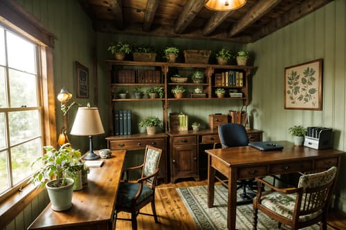 photo from pinterest of cottagecore-style interior designed (home office interior) with plant and cabinets and office chair and desk lamp and computer desk and plant. . with traditional and country style and floral patterns and organic and muted colors and cottage style and rustic and natural. . cinematic photo, highly detailed, cinematic lighting, ultra-detailed, ultrarealistic, photorealism, 8k. trending on pinterest. cottagecore interior design style. masterpiece, cinematic light, ultrarealistic+, photorealistic+, 8k, raw photo, realistic, sharp focus on eyes, (symmetrical eyes), (intact eyes), hyperrealistic, highest quality, best quality, , highly detailed, masterpiece, best quality, extremely detailed 8k wallpaper, masterpiece, best quality, ultra-detailed, best shadow, detailed background, detailed face, detailed eyes, high contrast, best illumination, detailed face, dulux, caustic, dynamic angle, detailed glow. dramatic lighting. highly detailed, insanely detailed hair, symmetrical, intricate details, professionally retouched, 8k high definition. strong bokeh. award winning photo.