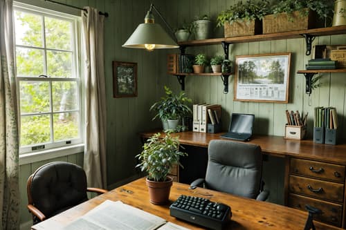photo from pinterest of cottagecore-style interior designed (home office interior) with plant and cabinets and office chair and desk lamp and computer desk and plant. . with traditional and country style and floral patterns and organic and muted colors and cottage style and rustic and natural. . cinematic photo, highly detailed, cinematic lighting, ultra-detailed, ultrarealistic, photorealism, 8k. trending on pinterest. cottagecore interior design style. masterpiece, cinematic light, ultrarealistic+, photorealistic+, 8k, raw photo, realistic, sharp focus on eyes, (symmetrical eyes), (intact eyes), hyperrealistic, highest quality, best quality, , highly detailed, masterpiece, best quality, extremely detailed 8k wallpaper, masterpiece, best quality, ultra-detailed, best shadow, detailed background, detailed face, detailed eyes, high contrast, best illumination, detailed face, dulux, caustic, dynamic angle, detailed glow. dramatic lighting. highly detailed, insanely detailed hair, symmetrical, intricate details, professionally retouched, 8k high definition. strong bokeh. award winning photo.