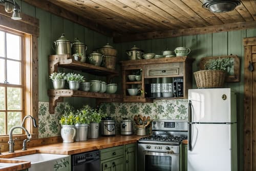 photo from pinterest of cottagecore-style interior designed (kitchen interior) with plant and worktops and refrigerator and sink and kitchen cabinets and stove and plant. . with organic and cottage style and floral patterns and natural and rustic and traditional and muted colors and country style. . cinematic photo, highly detailed, cinematic lighting, ultra-detailed, ultrarealistic, photorealism, 8k. trending on pinterest. cottagecore interior design style. masterpiece, cinematic light, ultrarealistic+, photorealistic+, 8k, raw photo, realistic, sharp focus on eyes, (symmetrical eyes), (intact eyes), hyperrealistic, highest quality, best quality, , highly detailed, masterpiece, best quality, extremely detailed 8k wallpaper, masterpiece, best quality, ultra-detailed, best shadow, detailed background, detailed face, detailed eyes, high contrast, best illumination, detailed face, dulux, caustic, dynamic angle, detailed glow. dramatic lighting. highly detailed, insanely detailed hair, symmetrical, intricate details, professionally retouched, 8k high definition. strong bokeh. award winning photo.