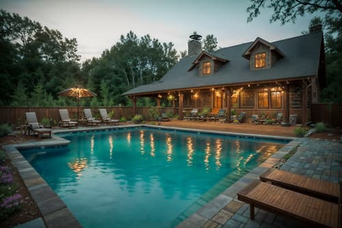 photo from pinterest of cottagecore-style designed (outdoor pool area ) with pool lights and pool lounge chairs and pool and pool lights. . with earthy and muted colors and organic and rustic and floral patterns and natural and traditional and cottage style. . cinematic photo, highly detailed, cinematic lighting, ultra-detailed, ultrarealistic, photorealism, 8k. trending on pinterest. cottagecore design style. masterpiece, cinematic light, ultrarealistic+, photorealistic+, 8k, raw photo, realistic, sharp focus on eyes, (symmetrical eyes), (intact eyes), hyperrealistic, highest quality, best quality, , highly detailed, masterpiece, best quality, extremely detailed 8k wallpaper, masterpiece, best quality, ultra-detailed, best shadow, detailed background, detailed face, detailed eyes, high contrast, best illumination, detailed face, dulux, caustic, dynamic angle, detailed glow. dramatic lighting. highly detailed, insanely detailed hair, symmetrical, intricate details, professionally retouched, 8k high definition. strong bokeh. award winning photo.