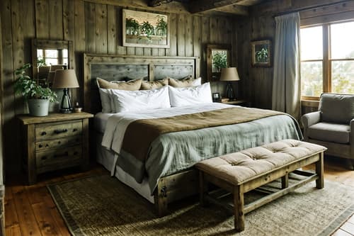 photo from pinterest of cottagecore-style interior designed (hotel room interior) with bed and mirror and night light and hotel bathroom and plant and storage bench or ottoman and bedside table or night stand and accent chair. . with earthy and natural and country style and rustic and traditional and cottage style and muted colors and organic. . cinematic photo, highly detailed, cinematic lighting, ultra-detailed, ultrarealistic, photorealism, 8k. trending on pinterest. cottagecore interior design style. masterpiece, cinematic light, ultrarealistic+, photorealistic+, 8k, raw photo, realistic, sharp focus on eyes, (symmetrical eyes), (intact eyes), hyperrealistic, highest quality, best quality, , highly detailed, masterpiece, best quality, extremely detailed 8k wallpaper, masterpiece, best quality, ultra-detailed, best shadow, detailed background, detailed face, detailed eyes, high contrast, best illumination, detailed face, dulux, caustic, dynamic angle, detailed glow. dramatic lighting. highly detailed, insanely detailed hair, symmetrical, intricate details, professionally retouched, 8k high definition. strong bokeh. award winning photo.