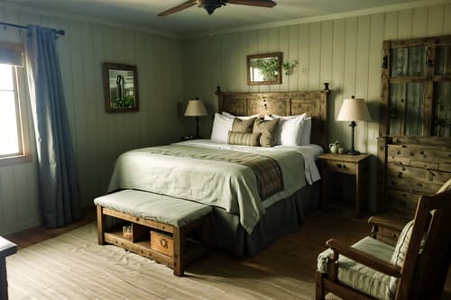 photo from pinterest of cottagecore-style interior designed (hotel room interior) with bed and mirror and night light and hotel bathroom and plant and storage bench or ottoman and bedside table or night stand and accent chair. . with earthy and natural and country style and rustic and traditional and cottage style and muted colors and organic. . cinematic photo, highly detailed, cinematic lighting, ultra-detailed, ultrarealistic, photorealism, 8k. trending on pinterest. cottagecore interior design style. masterpiece, cinematic light, ultrarealistic+, photorealistic+, 8k, raw photo, realistic, sharp focus on eyes, (symmetrical eyes), (intact eyes), hyperrealistic, highest quality, best quality, , highly detailed, masterpiece, best quality, extremely detailed 8k wallpaper, masterpiece, best quality, ultra-detailed, best shadow, detailed background, detailed face, detailed eyes, high contrast, best illumination, detailed face, dulux, caustic, dynamic angle, detailed glow. dramatic lighting. highly detailed, insanely detailed hair, symmetrical, intricate details, professionally retouched, 8k high definition. strong bokeh. award winning photo.