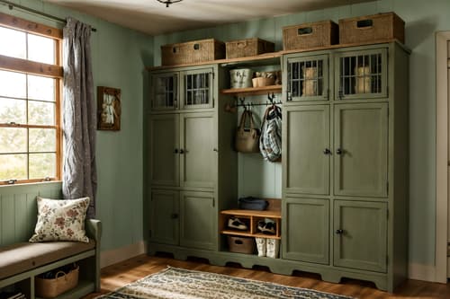 photo from pinterest of cottagecore-style interior designed (drop zone interior) with lockers and a bench and cubbies and shelves for shoes and high up storage and storage drawers and cabinets and wall hooks for coats. . with floral patterns and cottage style and rustic and natural and country style and muted colors and traditional and earthy. . cinematic photo, highly detailed, cinematic lighting, ultra-detailed, ultrarealistic, photorealism, 8k. trending on pinterest. cottagecore interior design style. masterpiece, cinematic light, ultrarealistic+, photorealistic+, 8k, raw photo, realistic, sharp focus on eyes, (symmetrical eyes), (intact eyes), hyperrealistic, highest quality, best quality, , highly detailed, masterpiece, best quality, extremely detailed 8k wallpaper, masterpiece, best quality, ultra-detailed, best shadow, detailed background, detailed face, detailed eyes, high contrast, best illumination, detailed face, dulux, caustic, dynamic angle, detailed glow. dramatic lighting. highly detailed, insanely detailed hair, symmetrical, intricate details, professionally retouched, 8k high definition. strong bokeh. award winning photo.