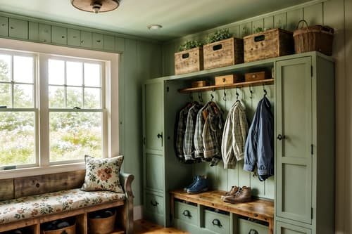photo from pinterest of cottagecore-style interior designed (drop zone interior) with lockers and a bench and cubbies and shelves for shoes and high up storage and storage drawers and cabinets and wall hooks for coats. . with floral patterns and cottage style and rustic and natural and country style and muted colors and traditional and earthy. . cinematic photo, highly detailed, cinematic lighting, ultra-detailed, ultrarealistic, photorealism, 8k. trending on pinterest. cottagecore interior design style. masterpiece, cinematic light, ultrarealistic+, photorealistic+, 8k, raw photo, realistic, sharp focus on eyes, (symmetrical eyes), (intact eyes), hyperrealistic, highest quality, best quality, , highly detailed, masterpiece, best quality, extremely detailed 8k wallpaper, masterpiece, best quality, ultra-detailed, best shadow, detailed background, detailed face, detailed eyes, high contrast, best illumination, detailed face, dulux, caustic, dynamic angle, detailed glow. dramatic lighting. highly detailed, insanely detailed hair, symmetrical, intricate details, professionally retouched, 8k high definition. strong bokeh. award winning photo.