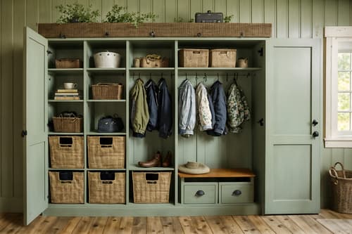 photo from pinterest of cottagecore-style interior designed (drop zone interior) with lockers and a bench and cubbies and shelves for shoes and high up storage and storage drawers and cabinets and wall hooks for coats. . with floral patterns and cottage style and rustic and natural and country style and muted colors and traditional and earthy. . cinematic photo, highly detailed, cinematic lighting, ultra-detailed, ultrarealistic, photorealism, 8k. trending on pinterest. cottagecore interior design style. masterpiece, cinematic light, ultrarealistic+, photorealistic+, 8k, raw photo, realistic, sharp focus on eyes, (symmetrical eyes), (intact eyes), hyperrealistic, highest quality, best quality, , highly detailed, masterpiece, best quality, extremely detailed 8k wallpaper, masterpiece, best quality, ultra-detailed, best shadow, detailed background, detailed face, detailed eyes, high contrast, best illumination, detailed face, dulux, caustic, dynamic angle, detailed glow. dramatic lighting. highly detailed, insanely detailed hair, symmetrical, intricate details, professionally retouched, 8k high definition. strong bokeh. award winning photo.