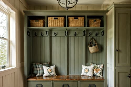 photo from pinterest of cottagecore-style interior designed (drop zone interior) with lockers and a bench and cubbies and shelves for shoes and high up storage and storage drawers and cabinets and wall hooks for coats. . with floral patterns and cottage style and rustic and natural and country style and muted colors and traditional and earthy. . cinematic photo, highly detailed, cinematic lighting, ultra-detailed, ultrarealistic, photorealism, 8k. trending on pinterest. cottagecore interior design style. masterpiece, cinematic light, ultrarealistic+, photorealistic+, 8k, raw photo, realistic, sharp focus on eyes, (symmetrical eyes), (intact eyes), hyperrealistic, highest quality, best quality, , highly detailed, masterpiece, best quality, extremely detailed 8k wallpaper, masterpiece, best quality, ultra-detailed, best shadow, detailed background, detailed face, detailed eyes, high contrast, best illumination, detailed face, dulux, caustic, dynamic angle, detailed glow. dramatic lighting. highly detailed, insanely detailed hair, symmetrical, intricate details, professionally retouched, 8k high definition. strong bokeh. award winning photo.
