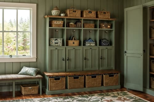 photo from pinterest of cottagecore-style interior designed (drop zone interior) with lockers and a bench and cubbies and shelves for shoes and high up storage and storage drawers and cabinets and wall hooks for coats. . with floral patterns and cottage style and rustic and natural and country style and muted colors and traditional and earthy. . cinematic photo, highly detailed, cinematic lighting, ultra-detailed, ultrarealistic, photorealism, 8k. trending on pinterest. cottagecore interior design style. masterpiece, cinematic light, ultrarealistic+, photorealistic+, 8k, raw photo, realistic, sharp focus on eyes, (symmetrical eyes), (intact eyes), hyperrealistic, highest quality, best quality, , highly detailed, masterpiece, best quality, extremely detailed 8k wallpaper, masterpiece, best quality, ultra-detailed, best shadow, detailed background, detailed face, detailed eyes, high contrast, best illumination, detailed face, dulux, caustic, dynamic angle, detailed glow. dramatic lighting. highly detailed, insanely detailed hair, symmetrical, intricate details, professionally retouched, 8k high definition. strong bokeh. award winning photo.