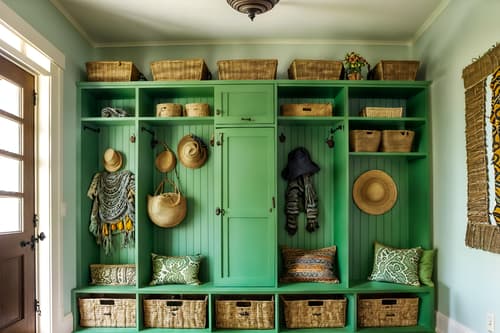 photo from pinterest of bohemian-style interior designed (mudroom interior) with cubbies and storage baskets and high up storage and storage drawers and shelves for shoes and wall hooks for coats and a bench and cabinets. . with carefree layers of pattern, texture, and color and a lack of structure and animal hides and playful colors and mixed patterns and natural materials and bold patterns and lush green nature. . cinematic photo, highly detailed, cinematic lighting, ultra-detailed, ultrarealistic, photorealism, 8k. trending on pinterest. bohemian interior design style. masterpiece, cinematic light, ultrarealistic+, photorealistic+, 8k, raw photo, realistic, sharp focus on eyes, (symmetrical eyes), (intact eyes), hyperrealistic, highest quality, best quality, , highly detailed, masterpiece, best quality, extremely detailed 8k wallpaper, masterpiece, best quality, ultra-detailed, best shadow, detailed background, detailed face, detailed eyes, high contrast, best illumination, detailed face, dulux, caustic, dynamic angle, detailed glow. dramatic lighting. highly detailed, insanely detailed hair, symmetrical, intricate details, professionally retouched, 8k high definition. strong bokeh. award winning photo.