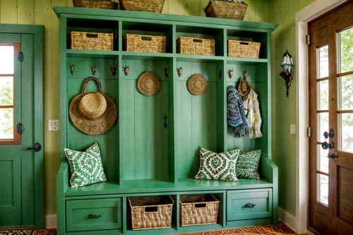 photo from pinterest of bohemian-style interior designed (mudroom interior) with cubbies and storage baskets and high up storage and storage drawers and shelves for shoes and wall hooks for coats and a bench and cabinets. . with carefree layers of pattern, texture, and color and a lack of structure and animal hides and playful colors and mixed patterns and natural materials and bold patterns and lush green nature. . cinematic photo, highly detailed, cinematic lighting, ultra-detailed, ultrarealistic, photorealism, 8k. trending on pinterest. bohemian interior design style. masterpiece, cinematic light, ultrarealistic+, photorealistic+, 8k, raw photo, realistic, sharp focus on eyes, (symmetrical eyes), (intact eyes), hyperrealistic, highest quality, best quality, , highly detailed, masterpiece, best quality, extremely detailed 8k wallpaper, masterpiece, best quality, ultra-detailed, best shadow, detailed background, detailed face, detailed eyes, high contrast, best illumination, detailed face, dulux, caustic, dynamic angle, detailed glow. dramatic lighting. highly detailed, insanely detailed hair, symmetrical, intricate details, professionally retouched, 8k high definition. strong bokeh. award winning photo.