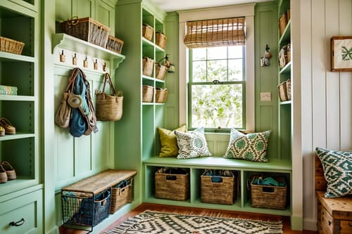 photo from pinterest of bohemian-style interior designed (mudroom interior) with cubbies and storage baskets and high up storage and storage drawers and shelves for shoes and wall hooks for coats and a bench and cabinets. . with carefree layers of pattern, texture, and color and a lack of structure and animal hides and playful colors and mixed patterns and natural materials and bold patterns and lush green nature. . cinematic photo, highly detailed, cinematic lighting, ultra-detailed, ultrarealistic, photorealism, 8k. trending on pinterest. bohemian interior design style. masterpiece, cinematic light, ultrarealistic+, photorealistic+, 8k, raw photo, realistic, sharp focus on eyes, (symmetrical eyes), (intact eyes), hyperrealistic, highest quality, best quality, , highly detailed, masterpiece, best quality, extremely detailed 8k wallpaper, masterpiece, best quality, ultra-detailed, best shadow, detailed background, detailed face, detailed eyes, high contrast, best illumination, detailed face, dulux, caustic, dynamic angle, detailed glow. dramatic lighting. highly detailed, insanely detailed hair, symmetrical, intricate details, professionally retouched, 8k high definition. strong bokeh. award winning photo.