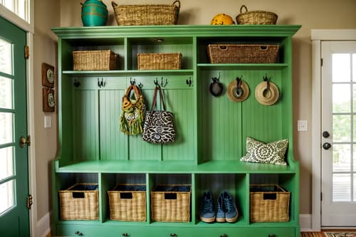 photo from pinterest of bohemian-style interior designed (mudroom interior) with cubbies and storage baskets and high up storage and storage drawers and shelves for shoes and wall hooks for coats and a bench and cabinets. . with carefree layers of pattern, texture, and color and a lack of structure and animal hides and playful colors and mixed patterns and natural materials and bold patterns and lush green nature. . cinematic photo, highly detailed, cinematic lighting, ultra-detailed, ultrarealistic, photorealism, 8k. trending on pinterest. bohemian interior design style. masterpiece, cinematic light, ultrarealistic+, photorealistic+, 8k, raw photo, realistic, sharp focus on eyes, (symmetrical eyes), (intact eyes), hyperrealistic, highest quality, best quality, , highly detailed, masterpiece, best quality, extremely detailed 8k wallpaper, masterpiece, best quality, ultra-detailed, best shadow, detailed background, detailed face, detailed eyes, high contrast, best illumination, detailed face, dulux, caustic, dynamic angle, detailed glow. dramatic lighting. highly detailed, insanely detailed hair, symmetrical, intricate details, professionally retouched, 8k high definition. strong bokeh. award winning photo.
