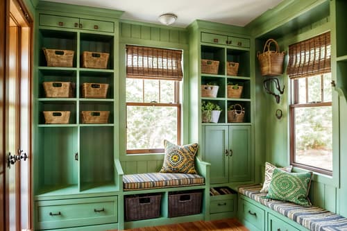 photo from pinterest of bohemian-style interior designed (mudroom interior) with cubbies and storage baskets and high up storage and storage drawers and shelves for shoes and wall hooks for coats and a bench and cabinets. . with carefree layers of pattern, texture, and color and a lack of structure and animal hides and playful colors and mixed patterns and natural materials and bold patterns and lush green nature. . cinematic photo, highly detailed, cinematic lighting, ultra-detailed, ultrarealistic, photorealism, 8k. trending on pinterest. bohemian interior design style. masterpiece, cinematic light, ultrarealistic+, photorealistic+, 8k, raw photo, realistic, sharp focus on eyes, (symmetrical eyes), (intact eyes), hyperrealistic, highest quality, best quality, , highly detailed, masterpiece, best quality, extremely detailed 8k wallpaper, masterpiece, best quality, ultra-detailed, best shadow, detailed background, detailed face, detailed eyes, high contrast, best illumination, detailed face, dulux, caustic, dynamic angle, detailed glow. dramatic lighting. highly detailed, insanely detailed hair, symmetrical, intricate details, professionally retouched, 8k high definition. strong bokeh. award winning photo.