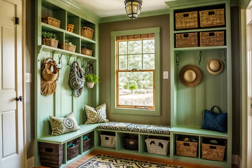 photo from pinterest of bohemian-style interior designed (mudroom interior) with cubbies and storage baskets and high up storage and storage drawers and shelves for shoes and wall hooks for coats and a bench and cabinets. . with carefree layers of pattern, texture, and color and a lack of structure and animal hides and playful colors and mixed patterns and natural materials and bold patterns and lush green nature. . cinematic photo, highly detailed, cinematic lighting, ultra-detailed, ultrarealistic, photorealism, 8k. trending on pinterest. bohemian interior design style. masterpiece, cinematic light, ultrarealistic+, photorealistic+, 8k, raw photo, realistic, sharp focus on eyes, (symmetrical eyes), (intact eyes), hyperrealistic, highest quality, best quality, , highly detailed, masterpiece, best quality, extremely detailed 8k wallpaper, masterpiece, best quality, ultra-detailed, best shadow, detailed background, detailed face, detailed eyes, high contrast, best illumination, detailed face, dulux, caustic, dynamic angle, detailed glow. dramatic lighting. highly detailed, insanely detailed hair, symmetrical, intricate details, professionally retouched, 8k high definition. strong bokeh. award winning photo.