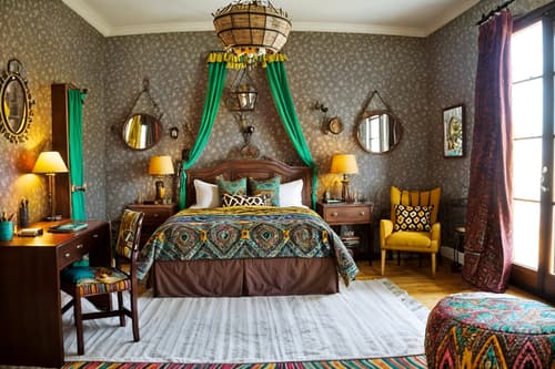photo from pinterest of bohemian-style interior designed (hotel room interior) with headboard and working desk with desk chair and bed and hotel bathroom and accent chair and dresser closet and mirror and night light. . with woods and animal hides and bold colors and bold patterns and carefree layers of pattern, texture, and color and travel trinkets and playful colors and playful patterns. . cinematic photo, highly detailed, cinematic lighting, ultra-detailed, ultrarealistic, photorealism, 8k. trending on pinterest. bohemian interior design style. masterpiece, cinematic light, ultrarealistic+, photorealistic+, 8k, raw photo, realistic, sharp focus on eyes, (symmetrical eyes), (intact eyes), hyperrealistic, highest quality, best quality, , highly detailed, masterpiece, best quality, extremely detailed 8k wallpaper, masterpiece, best quality, ultra-detailed, best shadow, detailed background, detailed face, detailed eyes, high contrast, best illumination, detailed face, dulux, caustic, dynamic angle, detailed glow. dramatic lighting. highly detailed, insanely detailed hair, symmetrical, intricate details, professionally retouched, 8k high definition. strong bokeh. award winning photo.