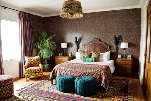 photo from pinterest of bohemian-style interior designed (hotel room interior) with headboard and working desk with desk chair and bed and hotel bathroom and accent chair and dresser closet and mirror and night light. . with woods and animal hides and bold colors and bold patterns and carefree layers of pattern, texture, and color and travel trinkets and playful colors and playful patterns. . cinematic photo, highly detailed, cinematic lighting, ultra-detailed, ultrarealistic, photorealism, 8k. trending on pinterest. bohemian interior design style. masterpiece, cinematic light, ultrarealistic+, photorealistic+, 8k, raw photo, realistic, sharp focus on eyes, (symmetrical eyes), (intact eyes), hyperrealistic, highest quality, best quality, , highly detailed, masterpiece, best quality, extremely detailed 8k wallpaper, masterpiece, best quality, ultra-detailed, best shadow, detailed background, detailed face, detailed eyes, high contrast, best illumination, detailed face, dulux, caustic, dynamic angle, detailed glow. dramatic lighting. highly detailed, insanely detailed hair, symmetrical, intricate details, professionally retouched, 8k high definition. strong bokeh. award winning photo.