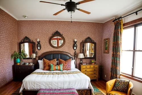 photo from pinterest of bohemian-style interior designed (hotel room interior) with headboard and working desk with desk chair and bed and hotel bathroom and accent chair and dresser closet and mirror and night light. . with woods and animal hides and bold colors and bold patterns and carefree layers of pattern, texture, and color and travel trinkets and playful colors and playful patterns. . cinematic photo, highly detailed, cinematic lighting, ultra-detailed, ultrarealistic, photorealism, 8k. trending on pinterest. bohemian interior design style. masterpiece, cinematic light, ultrarealistic+, photorealistic+, 8k, raw photo, realistic, sharp focus on eyes, (symmetrical eyes), (intact eyes), hyperrealistic, highest quality, best quality, , highly detailed, masterpiece, best quality, extremely detailed 8k wallpaper, masterpiece, best quality, ultra-detailed, best shadow, detailed background, detailed face, detailed eyes, high contrast, best illumination, detailed face, dulux, caustic, dynamic angle, detailed glow. dramatic lighting. highly detailed, insanely detailed hair, symmetrical, intricate details, professionally retouched, 8k high definition. strong bokeh. award winning photo.