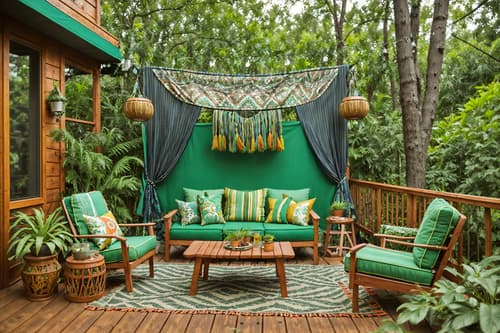 photo from pinterest of bohemian-style designed (outdoor patio ) with deck with deck chairs and barbeque or grill and patio couch with pillows and plant and grass and deck with deck chairs. . with travel trinkets and mixed patterns and playful textures and bold patterns and lush green nature and woods and carefree layers of pattern, texture, and color and bold colors. . cinematic photo, highly detailed, cinematic lighting, ultra-detailed, ultrarealistic, photorealism, 8k. trending on pinterest. bohemian design style. masterpiece, cinematic light, ultrarealistic+, photorealistic+, 8k, raw photo, realistic, sharp focus on eyes, (symmetrical eyes), (intact eyes), hyperrealistic, highest quality, best quality, , highly detailed, masterpiece, best quality, extremely detailed 8k wallpaper, masterpiece, best quality, ultra-detailed, best shadow, detailed background, detailed face, detailed eyes, high contrast, best illumination, detailed face, dulux, caustic, dynamic angle, detailed glow. dramatic lighting. highly detailed, insanely detailed hair, symmetrical, intricate details, professionally retouched, 8k high definition. strong bokeh. award winning photo.