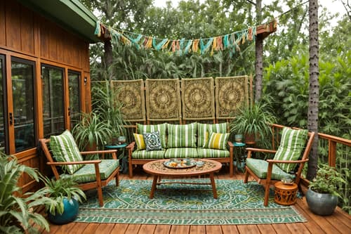 photo from pinterest of bohemian-style designed (outdoor patio ) with deck with deck chairs and barbeque or grill and patio couch with pillows and plant and grass and deck with deck chairs. . with travel trinkets and mixed patterns and playful textures and bold patterns and lush green nature and woods and carefree layers of pattern, texture, and color and bold colors. . cinematic photo, highly detailed, cinematic lighting, ultra-detailed, ultrarealistic, photorealism, 8k. trending on pinterest. bohemian design style. masterpiece, cinematic light, ultrarealistic+, photorealistic+, 8k, raw photo, realistic, sharp focus on eyes, (symmetrical eyes), (intact eyes), hyperrealistic, highest quality, best quality, , highly detailed, masterpiece, best quality, extremely detailed 8k wallpaper, masterpiece, best quality, ultra-detailed, best shadow, detailed background, detailed face, detailed eyes, high contrast, best illumination, detailed face, dulux, caustic, dynamic angle, detailed glow. dramatic lighting. highly detailed, insanely detailed hair, symmetrical, intricate details, professionally retouched, 8k high definition. strong bokeh. award winning photo.