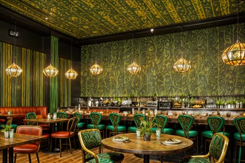 photo from pinterest of bohemian-style interior designed (restaurant interior) with restaurant chairs and restaurant dining tables and restaurant decor and restaurant bar and restaurant chairs. . with metals and mixed patterns and natural materials and bold patterns and lush green nature and carefree layers of pattern, texture, and color and playful patterns and playful colors. . cinematic photo, highly detailed, cinematic lighting, ultra-detailed, ultrarealistic, photorealism, 8k. trending on pinterest. bohemian interior design style. masterpiece, cinematic light, ultrarealistic+, photorealistic+, 8k, raw photo, realistic, sharp focus on eyes, (symmetrical eyes), (intact eyes), hyperrealistic, highest quality, best quality, , highly detailed, masterpiece, best quality, extremely detailed 8k wallpaper, masterpiece, best quality, ultra-detailed, best shadow, detailed background, detailed face, detailed eyes, high contrast, best illumination, detailed face, dulux, caustic, dynamic angle, detailed glow. dramatic lighting. highly detailed, insanely detailed hair, symmetrical, intricate details, professionally retouched, 8k high definition. strong bokeh. award winning photo.