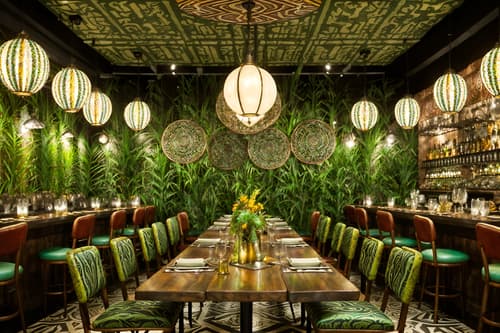 photo from pinterest of bohemian-style interior designed (restaurant interior) with restaurant chairs and restaurant dining tables and restaurant decor and restaurant bar and restaurant chairs. . with metals and mixed patterns and natural materials and bold patterns and lush green nature and carefree layers of pattern, texture, and color and playful patterns and playful colors. . cinematic photo, highly detailed, cinematic lighting, ultra-detailed, ultrarealistic, photorealism, 8k. trending on pinterest. bohemian interior design style. masterpiece, cinematic light, ultrarealistic+, photorealistic+, 8k, raw photo, realistic, sharp focus on eyes, (symmetrical eyes), (intact eyes), hyperrealistic, highest quality, best quality, , highly detailed, masterpiece, best quality, extremely detailed 8k wallpaper, masterpiece, best quality, ultra-detailed, best shadow, detailed background, detailed face, detailed eyes, high contrast, best illumination, detailed face, dulux, caustic, dynamic angle, detailed glow. dramatic lighting. highly detailed, insanely detailed hair, symmetrical, intricate details, professionally retouched, 8k high definition. strong bokeh. award winning photo.
