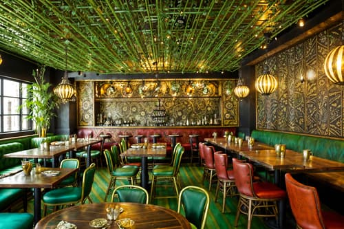 photo from pinterest of bohemian-style interior designed (restaurant interior) with restaurant chairs and restaurant dining tables and restaurant decor and restaurant bar and restaurant chairs. . with metals and mixed patterns and natural materials and bold patterns and lush green nature and carefree layers of pattern, texture, and color and playful patterns and playful colors. . cinematic photo, highly detailed, cinematic lighting, ultra-detailed, ultrarealistic, photorealism, 8k. trending on pinterest. bohemian interior design style. masterpiece, cinematic light, ultrarealistic+, photorealistic+, 8k, raw photo, realistic, sharp focus on eyes, (symmetrical eyes), (intact eyes), hyperrealistic, highest quality, best quality, , highly detailed, masterpiece, best quality, extremely detailed 8k wallpaper, masterpiece, best quality, ultra-detailed, best shadow, detailed background, detailed face, detailed eyes, high contrast, best illumination, detailed face, dulux, caustic, dynamic angle, detailed glow. dramatic lighting. highly detailed, insanely detailed hair, symmetrical, intricate details, professionally retouched, 8k high definition. strong bokeh. award winning photo.