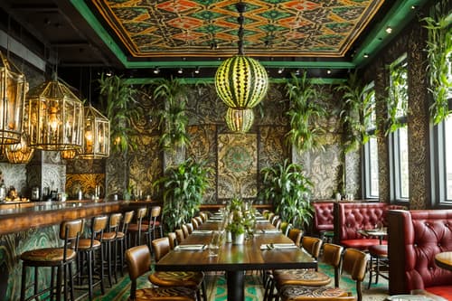 photo from pinterest of bohemian-style interior designed (restaurant interior) with restaurant chairs and restaurant dining tables and restaurant decor and restaurant bar and restaurant chairs. . with metals and mixed patterns and natural materials and bold patterns and lush green nature and carefree layers of pattern, texture, and color and playful patterns and playful colors. . cinematic photo, highly detailed, cinematic lighting, ultra-detailed, ultrarealistic, photorealism, 8k. trending on pinterest. bohemian interior design style. masterpiece, cinematic light, ultrarealistic+, photorealistic+, 8k, raw photo, realistic, sharp focus on eyes, (symmetrical eyes), (intact eyes), hyperrealistic, highest quality, best quality, , highly detailed, masterpiece, best quality, extremely detailed 8k wallpaper, masterpiece, best quality, ultra-detailed, best shadow, detailed background, detailed face, detailed eyes, high contrast, best illumination, detailed face, dulux, caustic, dynamic angle, detailed glow. dramatic lighting. highly detailed, insanely detailed hair, symmetrical, intricate details, professionally retouched, 8k high definition. strong bokeh. award winning photo.