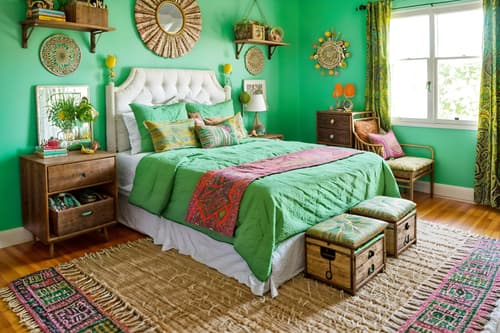 photo from pinterest of bohemian-style interior designed (kids room interior) with mirror and kids desk and storage bench or ottoman and dresser closet and headboard and bedside table or night stand and bed and night light. . with playful textures and natural materials and carefree layers of pattern, texture, and color and bold patterns and mixed patterns and playful colors and lush green nature and travel trinkets. . cinematic photo, highly detailed, cinematic lighting, ultra-detailed, ultrarealistic, photorealism, 8k. trending on pinterest. bohemian interior design style. masterpiece, cinematic light, ultrarealistic+, photorealistic+, 8k, raw photo, realistic, sharp focus on eyes, (symmetrical eyes), (intact eyes), hyperrealistic, highest quality, best quality, , highly detailed, masterpiece, best quality, extremely detailed 8k wallpaper, masterpiece, best quality, ultra-detailed, best shadow, detailed background, detailed face, detailed eyes, high contrast, best illumination, detailed face, dulux, caustic, dynamic angle, detailed glow. dramatic lighting. highly detailed, insanely detailed hair, symmetrical, intricate details, professionally retouched, 8k high definition. strong bokeh. award winning photo.