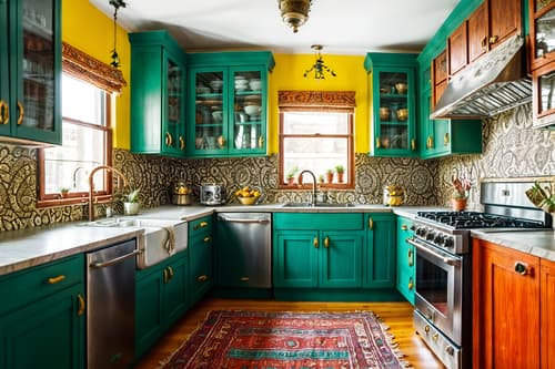 photo from pinterest of bohemian-style interior designed (kitchen interior) with kitchen cabinets and plant and refrigerator and stove and sink and worktops and kitchen cabinets. . with playful textures and a lack of structure and playful patterns and bold colors and playful colors and metals and carefree layers of pattern, texture, and color and animal hides. . cinematic photo, highly detailed, cinematic lighting, ultra-detailed, ultrarealistic, photorealism, 8k. trending on pinterest. bohemian interior design style. masterpiece, cinematic light, ultrarealistic+, photorealistic+, 8k, raw photo, realistic, sharp focus on eyes, (symmetrical eyes), (intact eyes), hyperrealistic, highest quality, best quality, , highly detailed, masterpiece, best quality, extremely detailed 8k wallpaper, masterpiece, best quality, ultra-detailed, best shadow, detailed background, detailed face, detailed eyes, high contrast, best illumination, detailed face, dulux, caustic, dynamic angle, detailed glow. dramatic lighting. highly detailed, insanely detailed hair, symmetrical, intricate details, professionally retouched, 8k high definition. strong bokeh. award winning photo.