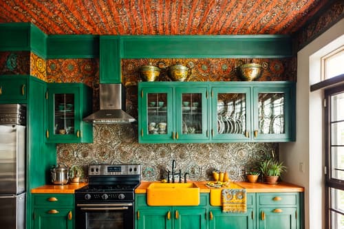 photo from pinterest of bohemian-style interior designed (kitchen interior) with kitchen cabinets and plant and refrigerator and stove and sink and worktops and kitchen cabinets. . with playful textures and a lack of structure and playful patterns and bold colors and playful colors and metals and carefree layers of pattern, texture, and color and animal hides. . cinematic photo, highly detailed, cinematic lighting, ultra-detailed, ultrarealistic, photorealism, 8k. trending on pinterest. bohemian interior design style. masterpiece, cinematic light, ultrarealistic+, photorealistic+, 8k, raw photo, realistic, sharp focus on eyes, (symmetrical eyes), (intact eyes), hyperrealistic, highest quality, best quality, , highly detailed, masterpiece, best quality, extremely detailed 8k wallpaper, masterpiece, best quality, ultra-detailed, best shadow, detailed background, detailed face, detailed eyes, high contrast, best illumination, detailed face, dulux, caustic, dynamic angle, detailed glow. dramatic lighting. highly detailed, insanely detailed hair, symmetrical, intricate details, professionally retouched, 8k high definition. strong bokeh. award winning photo.