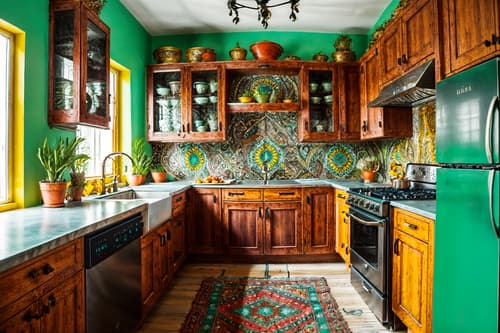 photo from pinterest of bohemian-style interior designed (kitchen interior) with kitchen cabinets and plant and refrigerator and stove and sink and worktops and kitchen cabinets. . with playful textures and a lack of structure and playful patterns and bold colors and playful colors and metals and carefree layers of pattern, texture, and color and animal hides. . cinematic photo, highly detailed, cinematic lighting, ultra-detailed, ultrarealistic, photorealism, 8k. trending on pinterest. bohemian interior design style. masterpiece, cinematic light, ultrarealistic+, photorealistic+, 8k, raw photo, realistic, sharp focus on eyes, (symmetrical eyes), (intact eyes), hyperrealistic, highest quality, best quality, , highly detailed, masterpiece, best quality, extremely detailed 8k wallpaper, masterpiece, best quality, ultra-detailed, best shadow, detailed background, detailed face, detailed eyes, high contrast, best illumination, detailed face, dulux, caustic, dynamic angle, detailed glow. dramatic lighting. highly detailed, insanely detailed hair, symmetrical, intricate details, professionally retouched, 8k high definition. strong bokeh. award winning photo.