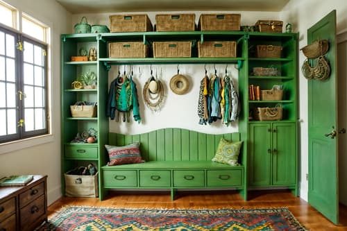 photo from pinterest of bohemian-style interior designed (drop zone interior) with wall hooks for coats and cubbies and storage drawers and high up storage and cabinets and storage baskets and shelves for shoes and a bench. . with playful textures and bold patterns and playful patterns and metals and a lack of structure and bold colors and travel trinkets and lush green nature. . cinematic photo, highly detailed, cinematic lighting, ultra-detailed, ultrarealistic, photorealism, 8k. trending on pinterest. bohemian interior design style. masterpiece, cinematic light, ultrarealistic+, photorealistic+, 8k, raw photo, realistic, sharp focus on eyes, (symmetrical eyes), (intact eyes), hyperrealistic, highest quality, best quality, , highly detailed, masterpiece, best quality, extremely detailed 8k wallpaper, masterpiece, best quality, ultra-detailed, best shadow, detailed background, detailed face, detailed eyes, high contrast, best illumination, detailed face, dulux, caustic, dynamic angle, detailed glow. dramatic lighting. highly detailed, insanely detailed hair, symmetrical, intricate details, professionally retouched, 8k high definition. strong bokeh. award winning photo.