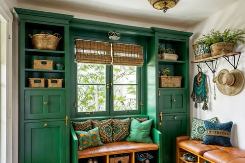 photo from pinterest of bohemian-style interior designed (drop zone interior) with wall hooks for coats and cubbies and storage drawers and high up storage and cabinets and storage baskets and shelves for shoes and a bench. . with playful textures and bold patterns and playful patterns and metals and a lack of structure and bold colors and travel trinkets and lush green nature. . cinematic photo, highly detailed, cinematic lighting, ultra-detailed, ultrarealistic, photorealism, 8k. trending on pinterest. bohemian interior design style. masterpiece, cinematic light, ultrarealistic+, photorealistic+, 8k, raw photo, realistic, sharp focus on eyes, (symmetrical eyes), (intact eyes), hyperrealistic, highest quality, best quality, , highly detailed, masterpiece, best quality, extremely detailed 8k wallpaper, masterpiece, best quality, ultra-detailed, best shadow, detailed background, detailed face, detailed eyes, high contrast, best illumination, detailed face, dulux, caustic, dynamic angle, detailed glow. dramatic lighting. highly detailed, insanely detailed hair, symmetrical, intricate details, professionally retouched, 8k high definition. strong bokeh. award winning photo.