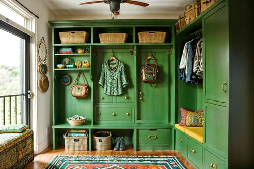 photo from pinterest of bohemian-style interior designed (drop zone interior) with wall hooks for coats and cubbies and storage drawers and high up storage and cabinets and storage baskets and shelves for shoes and a bench. . with playful textures and bold patterns and playful patterns and metals and a lack of structure and bold colors and travel trinkets and lush green nature. . cinematic photo, highly detailed, cinematic lighting, ultra-detailed, ultrarealistic, photorealism, 8k. trending on pinterest. bohemian interior design style. masterpiece, cinematic light, ultrarealistic+, photorealistic+, 8k, raw photo, realistic, sharp focus on eyes, (symmetrical eyes), (intact eyes), hyperrealistic, highest quality, best quality, , highly detailed, masterpiece, best quality, extremely detailed 8k wallpaper, masterpiece, best quality, ultra-detailed, best shadow, detailed background, detailed face, detailed eyes, high contrast, best illumination, detailed face, dulux, caustic, dynamic angle, detailed glow. dramatic lighting. highly detailed, insanely detailed hair, symmetrical, intricate details, professionally retouched, 8k high definition. strong bokeh. award winning photo.