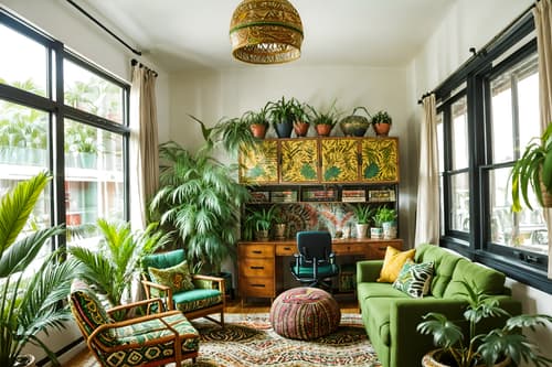 photo from pinterest of bohemian-style interior designed (office interior) with seating area with sofa and lounge chairs and cabinets and office desks and windows and computer desks and office chairs and plants. . with carefree layers of pattern, texture, and color and lush green nature and travel trinkets and bold patterns and playful colors and animal hides and natural materials and playful patterns. . cinematic photo, highly detailed, cinematic lighting, ultra-detailed, ultrarealistic, photorealism, 8k. trending on pinterest. bohemian interior design style. masterpiece, cinematic light, ultrarealistic+, photorealistic+, 8k, raw photo, realistic, sharp focus on eyes, (symmetrical eyes), (intact eyes), hyperrealistic, highest quality, best quality, , highly detailed, masterpiece, best quality, extremely detailed 8k wallpaper, masterpiece, best quality, ultra-detailed, best shadow, detailed background, detailed face, detailed eyes, high contrast, best illumination, detailed face, dulux, caustic, dynamic angle, detailed glow. dramatic lighting. highly detailed, insanely detailed hair, symmetrical, intricate details, professionally retouched, 8k high definition. strong bokeh. award winning photo.