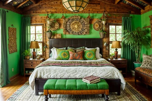 photo from pinterest of bohemian-style interior designed (bedroom interior) with plant and storage bench or ottoman and bed and dresser closet and headboard and accent chair and bedside table or night stand and night light. . with woods and playful colors and a lack of structure and lush green nature and bold patterns and natural materials and mixed patterns and carefree layers of pattern, texture, and color. . cinematic photo, highly detailed, cinematic lighting, ultra-detailed, ultrarealistic, photorealism, 8k. trending on pinterest. bohemian interior design style. masterpiece, cinematic light, ultrarealistic+, photorealistic+, 8k, raw photo, realistic, sharp focus on eyes, (symmetrical eyes), (intact eyes), hyperrealistic, highest quality, best quality, , highly detailed, masterpiece, best quality, extremely detailed 8k wallpaper, masterpiece, best quality, ultra-detailed, best shadow, detailed background, detailed face, detailed eyes, high contrast, best illumination, detailed face, dulux, caustic, dynamic angle, detailed glow. dramatic lighting. highly detailed, insanely detailed hair, symmetrical, intricate details, professionally retouched, 8k high definition. strong bokeh. award winning photo.