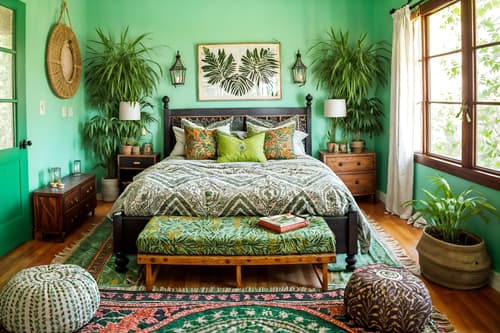 photo from pinterest of bohemian-style interior designed (bedroom interior) with plant and storage bench or ottoman and bed and dresser closet and headboard and accent chair and bedside table or night stand and night light. . with woods and playful colors and a lack of structure and lush green nature and bold patterns and natural materials and mixed patterns and carefree layers of pattern, texture, and color. . cinematic photo, highly detailed, cinematic lighting, ultra-detailed, ultrarealistic, photorealism, 8k. trending on pinterest. bohemian interior design style. masterpiece, cinematic light, ultrarealistic+, photorealistic+, 8k, raw photo, realistic, sharp focus on eyes, (symmetrical eyes), (intact eyes), hyperrealistic, highest quality, best quality, , highly detailed, masterpiece, best quality, extremely detailed 8k wallpaper, masterpiece, best quality, ultra-detailed, best shadow, detailed background, detailed face, detailed eyes, high contrast, best illumination, detailed face, dulux, caustic, dynamic angle, detailed glow. dramatic lighting. highly detailed, insanely detailed hair, symmetrical, intricate details, professionally retouched, 8k high definition. strong bokeh. award winning photo.