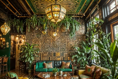 photo from pinterest of bohemian-style interior designed (coffee shop interior) . with metals and playful patterns and bold patterns and carefree layers of pattern, texture, and color and mixed patterns and woods and travel trinkets and lush green nature. . cinematic photo, highly detailed, cinematic lighting, ultra-detailed, ultrarealistic, photorealism, 8k. trending on pinterest. bohemian interior design style. masterpiece, cinematic light, ultrarealistic+, photorealistic+, 8k, raw photo, realistic, sharp focus on eyes, (symmetrical eyes), (intact eyes), hyperrealistic, highest quality, best quality, , highly detailed, masterpiece, best quality, extremely detailed 8k wallpaper, masterpiece, best quality, ultra-detailed, best shadow, detailed background, detailed face, detailed eyes, high contrast, best illumination, detailed face, dulux, caustic, dynamic angle, detailed glow. dramatic lighting. highly detailed, insanely detailed hair, symmetrical, intricate details, professionally retouched, 8k high definition. strong bokeh. award winning photo.