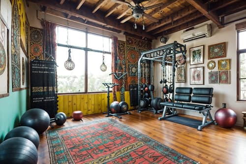 photo from pinterest of bohemian-style interior designed (fitness gym interior) with squat rack and exercise bicycle and crosstrainer and bench press and dumbbell stand and squat rack. . with carefree layers of pattern, texture, and color and metals and playful colors and bold colors and a lack of structure and woods and travel trinkets and bold patterns. . cinematic photo, highly detailed, cinematic lighting, ultra-detailed, ultrarealistic, photorealism, 8k. trending on pinterest. bohemian interior design style. masterpiece, cinematic light, ultrarealistic+, photorealistic+, 8k, raw photo, realistic, sharp focus on eyes, (symmetrical eyes), (intact eyes), hyperrealistic, highest quality, best quality, , highly detailed, masterpiece, best quality, extremely detailed 8k wallpaper, masterpiece, best quality, ultra-detailed, best shadow, detailed background, detailed face, detailed eyes, high contrast, best illumination, detailed face, dulux, caustic, dynamic angle, detailed glow. dramatic lighting. highly detailed, insanely detailed hair, symmetrical, intricate details, professionally retouched, 8k high definition. strong bokeh. award winning photo.