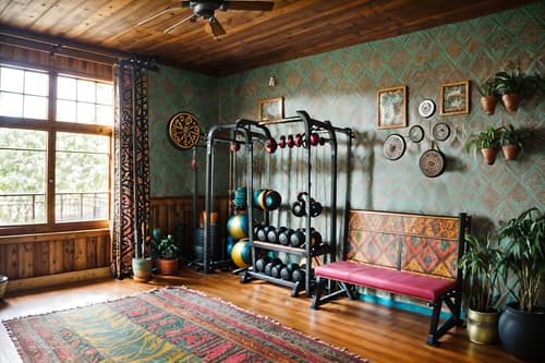 photo from pinterest of bohemian-style interior designed (fitness gym interior) with squat rack and exercise bicycle and crosstrainer and bench press and dumbbell stand and squat rack. . with carefree layers of pattern, texture, and color and metals and playful colors and bold colors and a lack of structure and woods and travel trinkets and bold patterns. . cinematic photo, highly detailed, cinematic lighting, ultra-detailed, ultrarealistic, photorealism, 8k. trending on pinterest. bohemian interior design style. masterpiece, cinematic light, ultrarealistic+, photorealistic+, 8k, raw photo, realistic, sharp focus on eyes, (symmetrical eyes), (intact eyes), hyperrealistic, highest quality, best quality, , highly detailed, masterpiece, best quality, extremely detailed 8k wallpaper, masterpiece, best quality, ultra-detailed, best shadow, detailed background, detailed face, detailed eyes, high contrast, best illumination, detailed face, dulux, caustic, dynamic angle, detailed glow. dramatic lighting. highly detailed, insanely detailed hair, symmetrical, intricate details, professionally retouched, 8k high definition. strong bokeh. award winning photo.