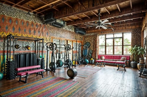 photo from pinterest of bohemian-style interior designed (fitness gym interior) with squat rack and exercise bicycle and crosstrainer and bench press and dumbbell stand and squat rack. . with carefree layers of pattern, texture, and color and metals and playful colors and bold colors and a lack of structure and woods and travel trinkets and bold patterns. . cinematic photo, highly detailed, cinematic lighting, ultra-detailed, ultrarealistic, photorealism, 8k. trending on pinterest. bohemian interior design style. masterpiece, cinematic light, ultrarealistic+, photorealistic+, 8k, raw photo, realistic, sharp focus on eyes, (symmetrical eyes), (intact eyes), hyperrealistic, highest quality, best quality, , highly detailed, masterpiece, best quality, extremely detailed 8k wallpaper, masterpiece, best quality, ultra-detailed, best shadow, detailed background, detailed face, detailed eyes, high contrast, best illumination, detailed face, dulux, caustic, dynamic angle, detailed glow. dramatic lighting. highly detailed, insanely detailed hair, symmetrical, intricate details, professionally retouched, 8k high definition. strong bokeh. award winning photo.