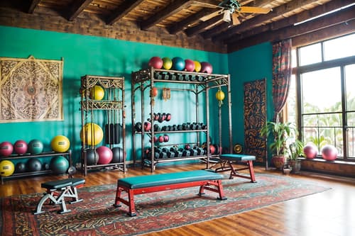 photo from pinterest of bohemian-style interior designed (fitness gym interior) with squat rack and exercise bicycle and crosstrainer and bench press and dumbbell stand and squat rack. . with carefree layers of pattern, texture, and color and metals and playful colors and bold colors and a lack of structure and woods and travel trinkets and bold patterns. . cinematic photo, highly detailed, cinematic lighting, ultra-detailed, ultrarealistic, photorealism, 8k. trending on pinterest. bohemian interior design style. masterpiece, cinematic light, ultrarealistic+, photorealistic+, 8k, raw photo, realistic, sharp focus on eyes, (symmetrical eyes), (intact eyes), hyperrealistic, highest quality, best quality, , highly detailed, masterpiece, best quality, extremely detailed 8k wallpaper, masterpiece, best quality, ultra-detailed, best shadow, detailed background, detailed face, detailed eyes, high contrast, best illumination, detailed face, dulux, caustic, dynamic angle, detailed glow. dramatic lighting. highly detailed, insanely detailed hair, symmetrical, intricate details, professionally retouched, 8k high definition. strong bokeh. award winning photo.