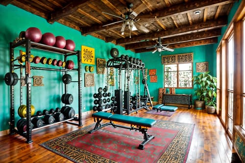 photo from pinterest of bohemian-style interior designed (fitness gym interior) with squat rack and exercise bicycle and crosstrainer and bench press and dumbbell stand and squat rack. . with carefree layers of pattern, texture, and color and metals and playful colors and bold colors and a lack of structure and woods and travel trinkets and bold patterns. . cinematic photo, highly detailed, cinematic lighting, ultra-detailed, ultrarealistic, photorealism, 8k. trending on pinterest. bohemian interior design style. masterpiece, cinematic light, ultrarealistic+, photorealistic+, 8k, raw photo, realistic, sharp focus on eyes, (symmetrical eyes), (intact eyes), hyperrealistic, highest quality, best quality, , highly detailed, masterpiece, best quality, extremely detailed 8k wallpaper, masterpiece, best quality, ultra-detailed, best shadow, detailed background, detailed face, detailed eyes, high contrast, best illumination, detailed face, dulux, caustic, dynamic angle, detailed glow. dramatic lighting. highly detailed, insanely detailed hair, symmetrical, intricate details, professionally retouched, 8k high definition. strong bokeh. award winning photo.