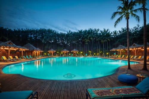 photo from pinterest of bohemian-style designed (outdoor pool area ) with pool lounge chairs and pool lights and pool and pool lounge chairs. . with mixed patterns and a lack of structure and travel trinkets and metals and playful colors and playful textures and woods and animal hides. . cinematic photo, highly detailed, cinematic lighting, ultra-detailed, ultrarealistic, photorealism, 8k. trending on pinterest. bohemian design style. masterpiece, cinematic light, ultrarealistic+, photorealistic+, 8k, raw photo, realistic, sharp focus on eyes, (symmetrical eyes), (intact eyes), hyperrealistic, highest quality, best quality, , highly detailed, masterpiece, best quality, extremely detailed 8k wallpaper, masterpiece, best quality, ultra-detailed, best shadow, detailed background, detailed face, detailed eyes, high contrast, best illumination, detailed face, dulux, caustic, dynamic angle, detailed glow. dramatic lighting. highly detailed, insanely detailed hair, symmetrical, intricate details, professionally retouched, 8k high definition. strong bokeh. award winning photo.