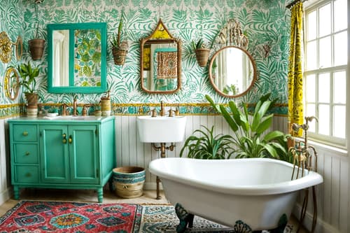 photo from pinterest of bohemian-style interior designed (bathroom interior) with bathtub and bathroom sink with faucet and bathroom cabinet and plant and waste basket and shower and toilet seat and bath rail. . with bold colors and mixed patterns and playful textures and carefree layers of pattern, texture, and color and travel trinkets and natural materials and animal hides and bold patterns. . cinematic photo, highly detailed, cinematic lighting, ultra-detailed, ultrarealistic, photorealism, 8k. trending on pinterest. bohemian interior design style. masterpiece, cinematic light, ultrarealistic+, photorealistic+, 8k, raw photo, realistic, sharp focus on eyes, (symmetrical eyes), (intact eyes), hyperrealistic, highest quality, best quality, , highly detailed, masterpiece, best quality, extremely detailed 8k wallpaper, masterpiece, best quality, ultra-detailed, best shadow, detailed background, detailed face, detailed eyes, high contrast, best illumination, detailed face, dulux, caustic, dynamic angle, detailed glow. dramatic lighting. highly detailed, insanely detailed hair, symmetrical, intricate details, professionally retouched, 8k high definition. strong bokeh. award winning photo.