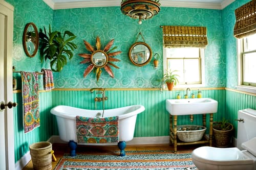 photo from pinterest of bohemian-style interior designed (bathroom interior) with bathtub and bathroom sink with faucet and bathroom cabinet and plant and waste basket and shower and toilet seat and bath rail. . with bold colors and mixed patterns and playful textures and carefree layers of pattern, texture, and color and travel trinkets and natural materials and animal hides and bold patterns. . cinematic photo, highly detailed, cinematic lighting, ultra-detailed, ultrarealistic, photorealism, 8k. trending on pinterest. bohemian interior design style. masterpiece, cinematic light, ultrarealistic+, photorealistic+, 8k, raw photo, realistic, sharp focus on eyes, (symmetrical eyes), (intact eyes), hyperrealistic, highest quality, best quality, , highly detailed, masterpiece, best quality, extremely detailed 8k wallpaper, masterpiece, best quality, ultra-detailed, best shadow, detailed background, detailed face, detailed eyes, high contrast, best illumination, detailed face, dulux, caustic, dynamic angle, detailed glow. dramatic lighting. highly detailed, insanely detailed hair, symmetrical, intricate details, professionally retouched, 8k high definition. strong bokeh. award winning photo.