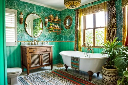 photo from pinterest of bohemian-style interior designed (bathroom interior) with bathtub and bathroom sink with faucet and bathroom cabinet and plant and waste basket and shower and toilet seat and bath rail. . with bold colors and mixed patterns and playful textures and carefree layers of pattern, texture, and color and travel trinkets and natural materials and animal hides and bold patterns. . cinematic photo, highly detailed, cinematic lighting, ultra-detailed, ultrarealistic, photorealism, 8k. trending on pinterest. bohemian interior design style. masterpiece, cinematic light, ultrarealistic+, photorealistic+, 8k, raw photo, realistic, sharp focus on eyes, (symmetrical eyes), (intact eyes), hyperrealistic, highest quality, best quality, , highly detailed, masterpiece, best quality, extremely detailed 8k wallpaper, masterpiece, best quality, ultra-detailed, best shadow, detailed background, detailed face, detailed eyes, high contrast, best illumination, detailed face, dulux, caustic, dynamic angle, detailed glow. dramatic lighting. highly detailed, insanely detailed hair, symmetrical, intricate details, professionally retouched, 8k high definition. strong bokeh. award winning photo.